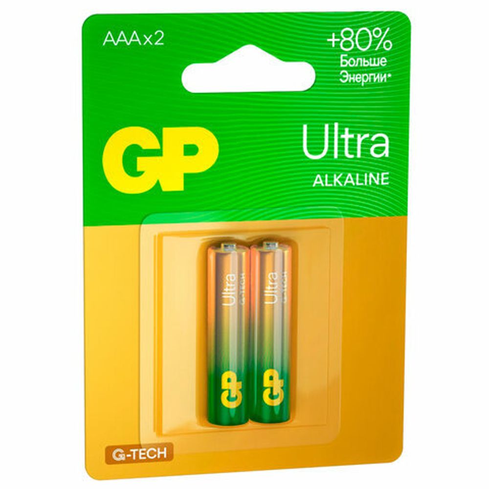 Батарейки КОМПЛЕКТ 2 шт., GP Ultra G-Tech, AAA (LR03, 24А), алкалиновые, мизинчиковые, 24AUA21-2CRSBC2