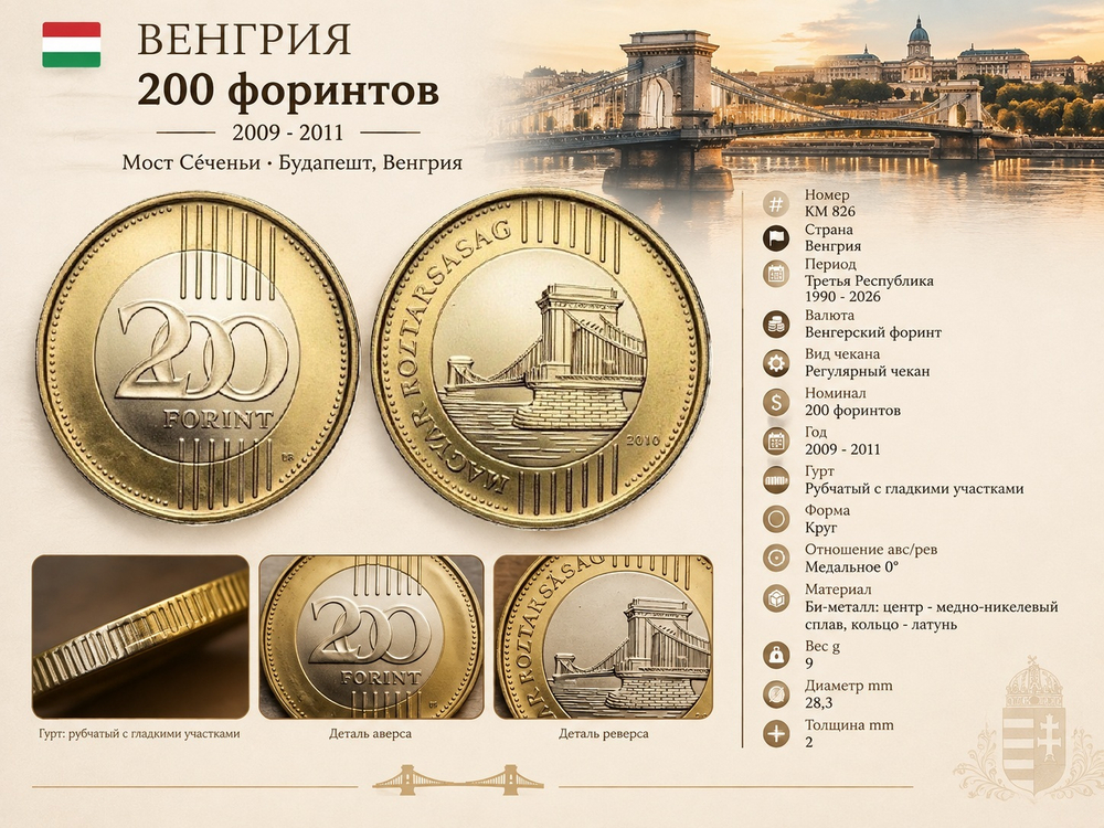 Венгрия 200 форинтов, 2010 Мост Сеченьи XF
