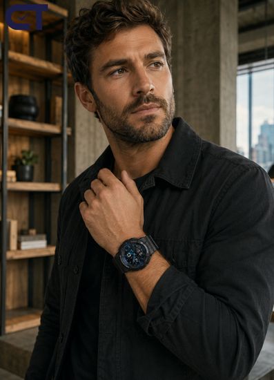 CASIO GA-100-1A2DR G-SHOCK мужские наручные часы — чёрная G-SHOCK с синими акцентами и магнитостойкостью