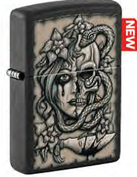 Цена наЗажигалка ZIPPO Gory Tattoo с покрытием Black Matte, латунь/сталь, черная, матовая