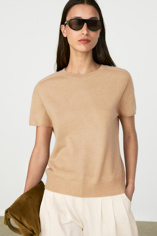 Massimo Dutti Свитер из 100% кашемира с короткими рукавами, цвет верблюжьей шерсти