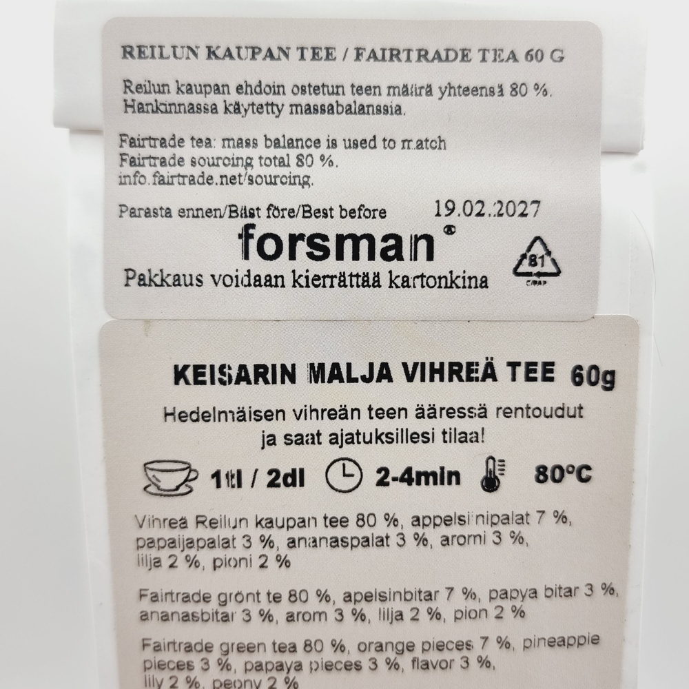 Чай Forsman зеленый Keisarin Malja, рассыпной, с кусочками фруктов, 60 г (из Финляндии)