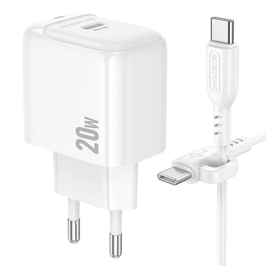 Сетевое зарядное устройство с кабелем Type-C/Type-C 1-метр 3А PD 20W 2гн-USB 1-метр BOROFONE BAS43A белый