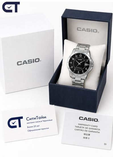 Casio MTP-V004D-1B Standard часы наручные мужские — чёрный циферблат, стальной браслет и дата