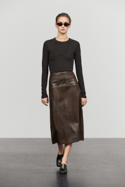 Massimo Dutti Прямая юбка-миди из кожи наппа с декоративными швами, коричневый