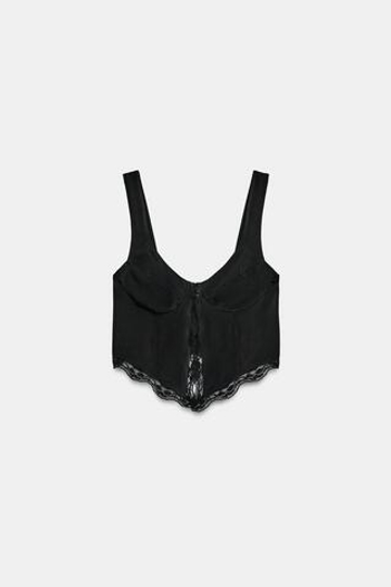 ZARA ТОП ИЗ ПОЛИАМИДА С КРУЖЕВОМ И ПУГОВИЦАМИ, ЧЕРНЫЙ