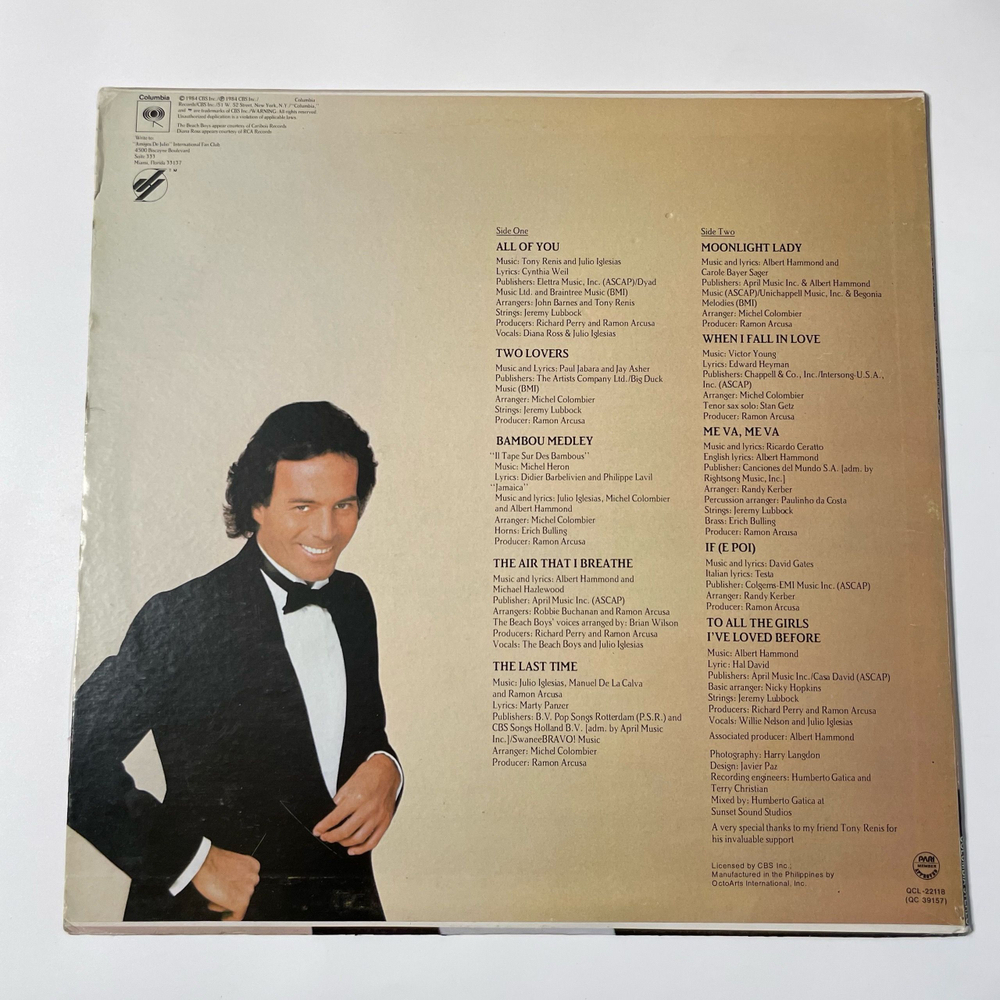 Винтажная виниловая пластинка LP Julio Iglesias 1100 Bel Air Place (Филиппины 1984)