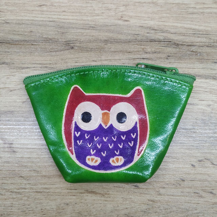 Кошелек под мелочь Сова цвет зеленый, кожа, ручной принт 11x1,5x7,5 см