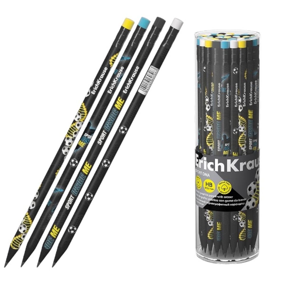 Чернографитный карандаш пластиковый ErichKrause Sport DNA, круглый, с ластиком, HB (в тубусе по 42 шт.) Арт-60708