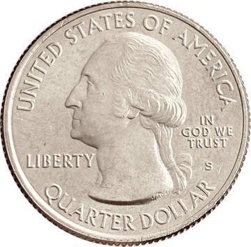 25 центов (1/4 доллара, квотер) 2013 США «Национальный лес Белые горы» (S) (16-й парк)