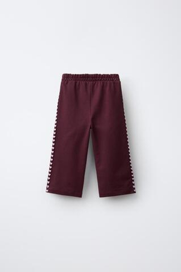 ZARA БРЮКИ WIDE LEG ИЗ ТРИКОТАЖА С ЛАМПАСАМИ И СЕРДЦАМИ, ТЕМНО-БОРДОВЫЙ