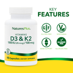 NaturesPlus, витамины D3 и К2, 90 капсул