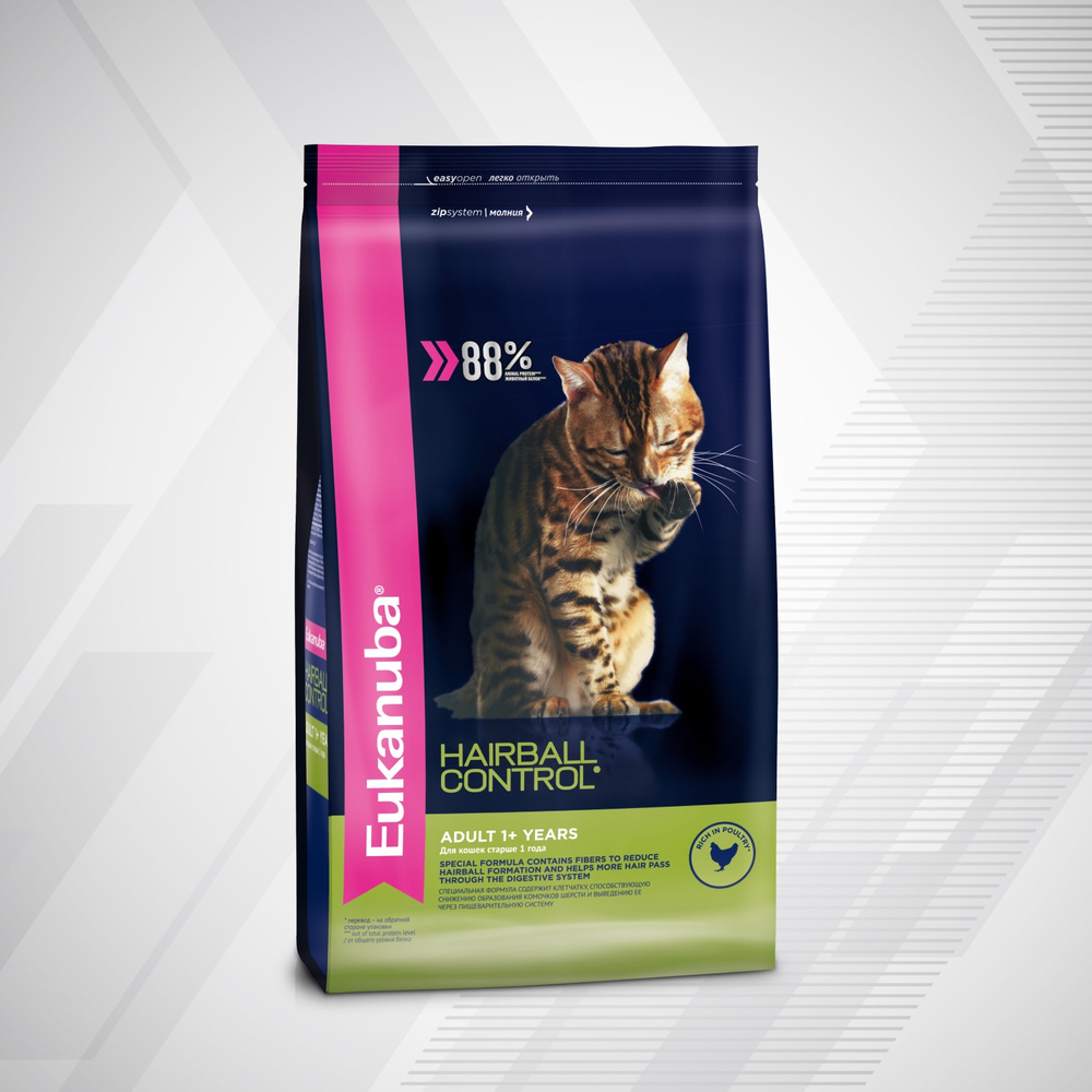 КОРМ СУХОЙ ПОЛНОРАЦИОННЫЙ EUKANUBA® ДЛЯ ВЗРОСЛЫХ КОШЕК И КОШЕК ЖИВУЩИХ В ПОМЕЩЕНИИ СТАРШЕ 1 ГОДА КОНТРОЛЬ ШАРИКОВ (ЭДАЛТ 1+ ЛЕТ ХЭЙРБОЛ КОНТРОЛЬ) 400г