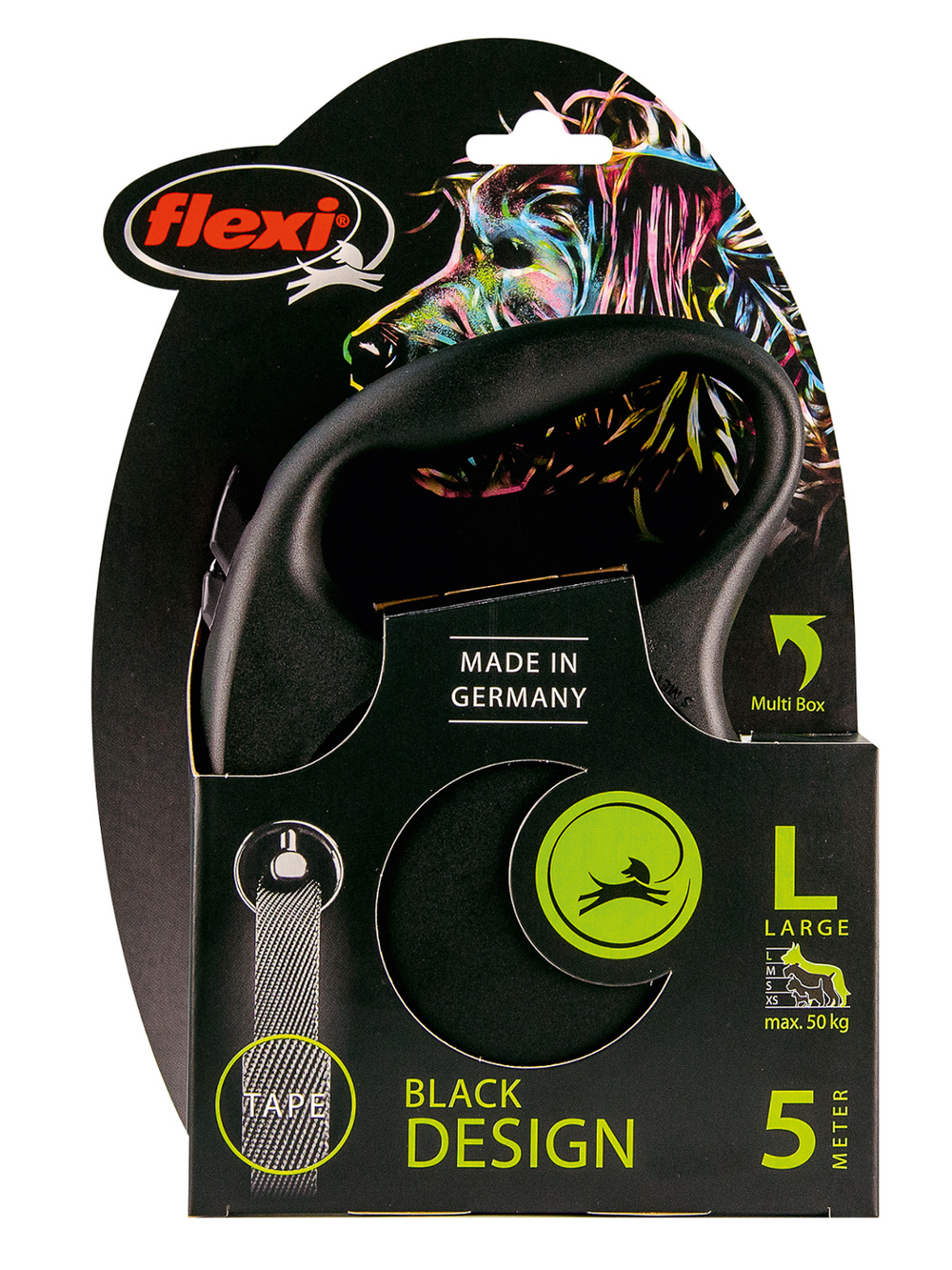 Поводок-рулетка Flexi Black Design L. Лента 5 м. для собак до 50 кг. Серебряный