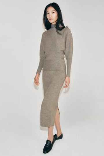 ZARA ТРИКОТАЖНАЯ ЮБКА МИДИ, СЕРО-КОРИЧНЕВЫЙ