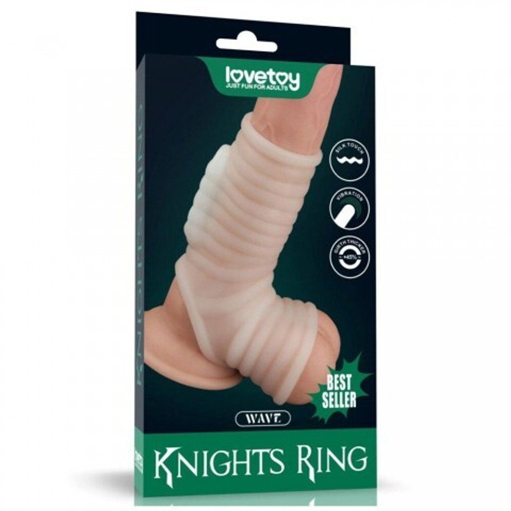 Насадка на пенис с вибрацией с рукавом для мошонки Wave Knights Ring (14,4*2,8)