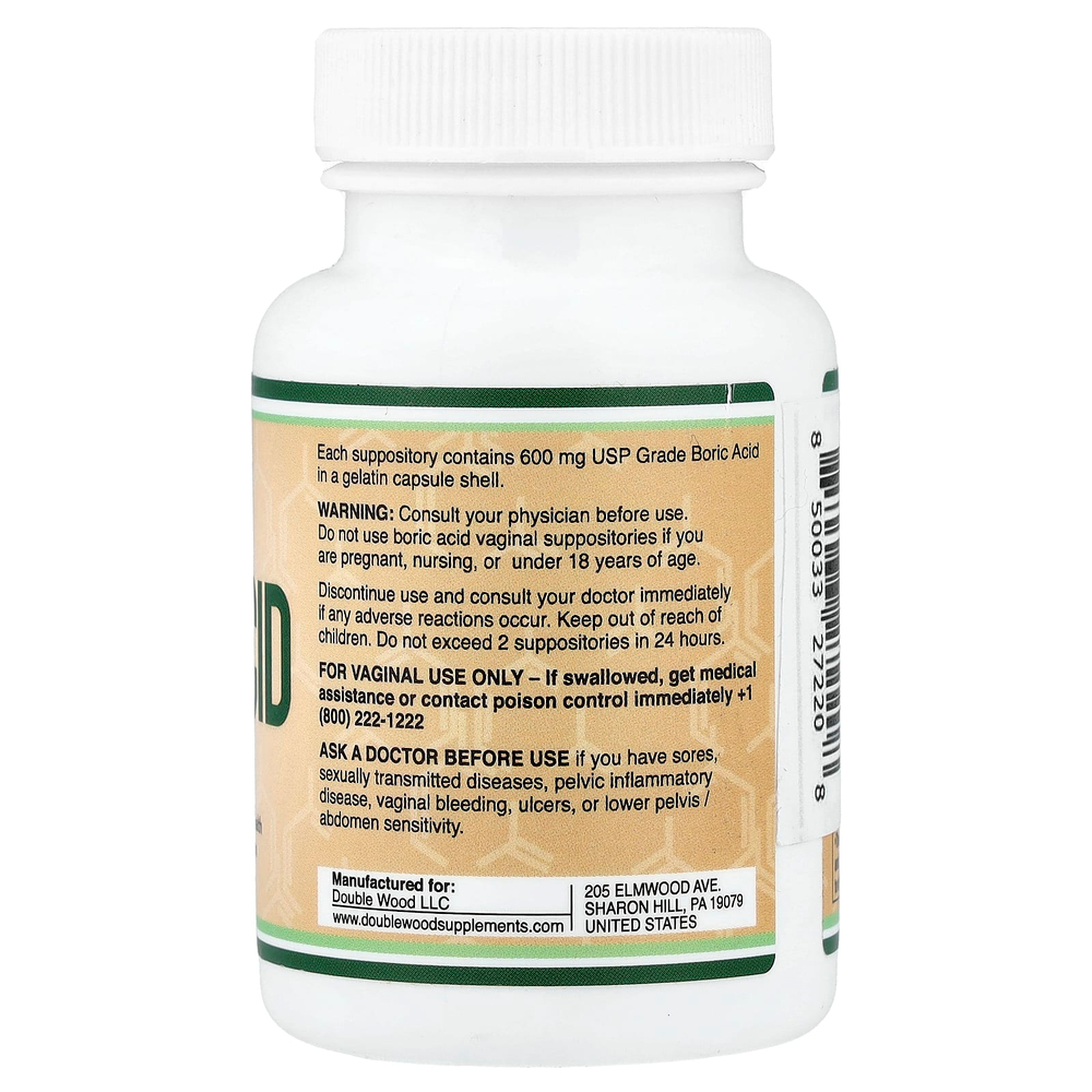 Double Wood Supplements, борная кислота, 60 вагинальных свечей