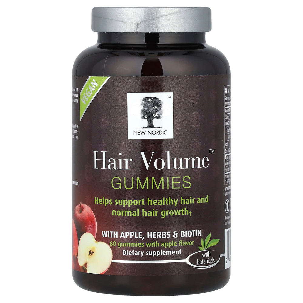 New Nordic, Жевательные мармеладки для волос Hair Volume ™ с яблоком, травами и биотином, 60 жевательных таблеток