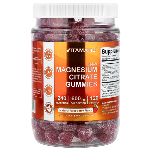 Vitamatic, жевательные таблетки с цитратом магния, со вкусом натуральной малины, 240 жевательных таблеток (300 мг в 1 жевательной таблетке)