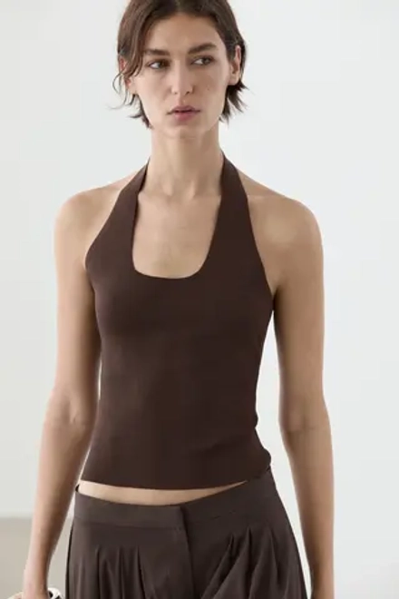 Massimo Dutti Облегающий вязаный топ с завязками на шее, коричневый