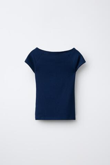 ZARA ОДНОТОННАЯ ФУТБОЛКА ИЗ МОДАЛА, МОРСКОЙ СИНИЙ