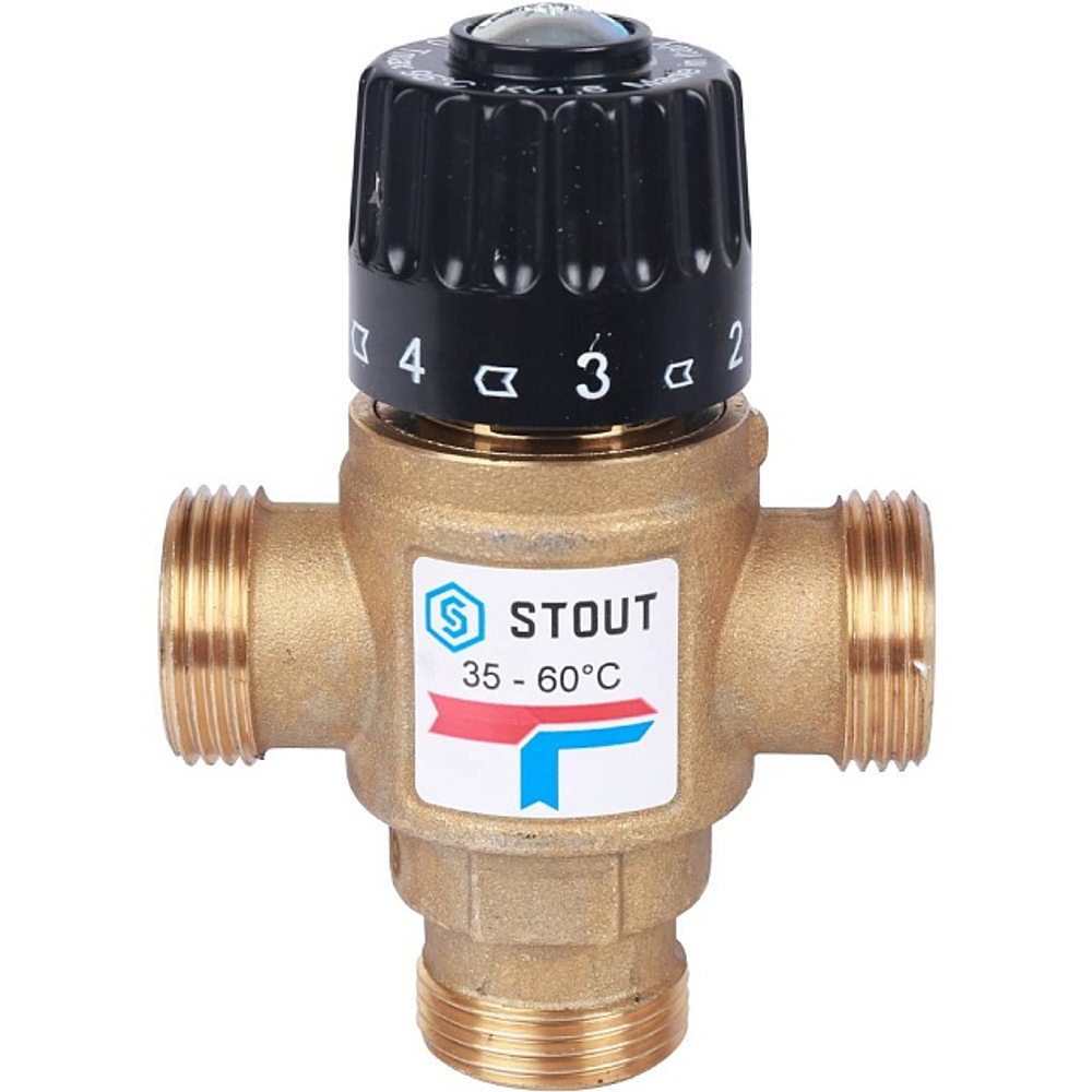 Клапан термостатический смесительный STOUT - 3/4" (НР, 35-60°C, Kvs 1.6, L-образное смешивание)