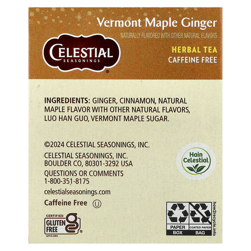 Celestial Seasonings, травяной чай, вермонтский кленовый сироп и имбирь, без кофеина, 20 чайных пакетиков, 31 г (1,1 унции)