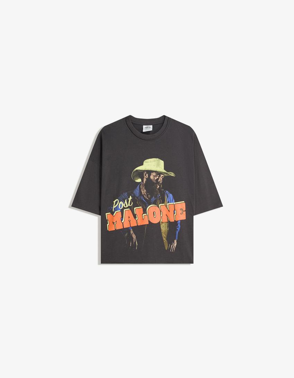 BERSHKA Футболка с принтом Post Malone, серый