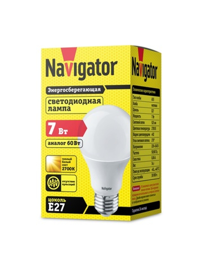 Лампа светодиодная 94 385 NLL-A60/A55-7-230-2.7K-E27 7Вт грушевидная 2700К тепл. бел. E27 525лм 176-264В Navigator 94385