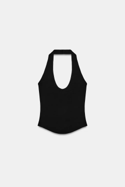 ZARA ТОП С ГОРЛОВИНОЙ ХАЛТЕР И ЗАКРУГЛЕННЫМ НИЗОМ, ЧЕРНЫЙ
