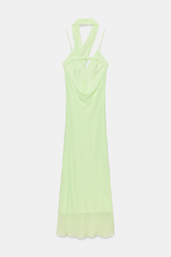 ZARA ДЛИННОЕ ПЛАТЬЕ ИЗ ЖОРЖЕТА С ТОНКИМИ БРЕТЕЛЯМИ И ШАРФОМ, ЛАЙМОВЫЙ