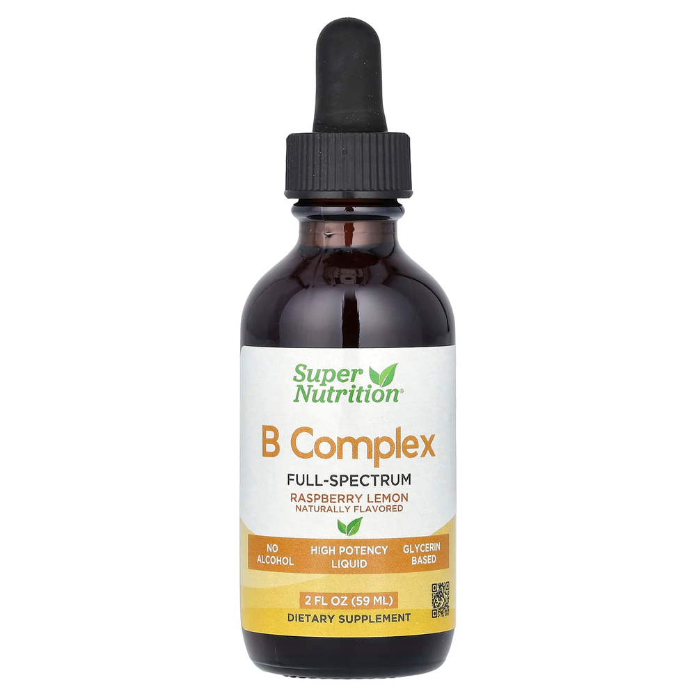 Super Nutrition, комплекс витаминов группы B полного спектра с витамином B12, пантотеновой кислотой, биотином и ниацином, малина и лимон, 59 мл (2 жидк. унции)
