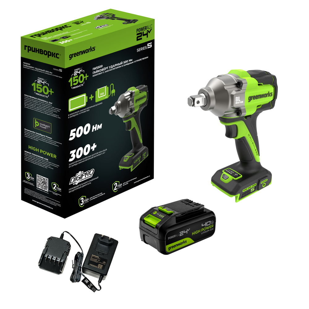 Гайковерт ударный акк. Greenworks IW5500, 24V, б/щет, 1/2'', 500Нм, 3 режима, 1х4Ач,ЗУ,кор (3805007CUB)