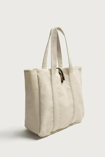 ZARA СУМКА-ШОПЕР ИЗ ТКАНИ С КОЖАНЫМИ ДЕТАЛЯМИ, ЭКРЮ