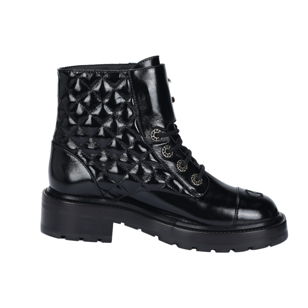 CHANEL Quilted Combat Boot Black Leather Women"s