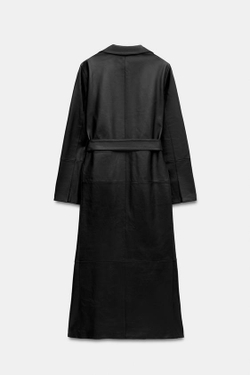 ZARA ДЛИННОЕ ПАЛЬТО ИЗ 100% КОЖИ С ПОЯСОМ — ZW COLLECTION, СИНИЙ/ЧЕРНЫЙ
