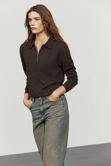 Massimo Dutti Вязаный свитер из шерстяной смеси с застежкой-молнией на четверть длины, шоколадно-коричневый