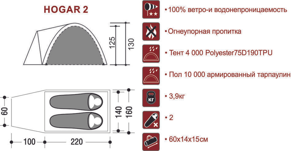 Палатка двухместная HOGAR 2 INDIANA(оливковый/серый.)