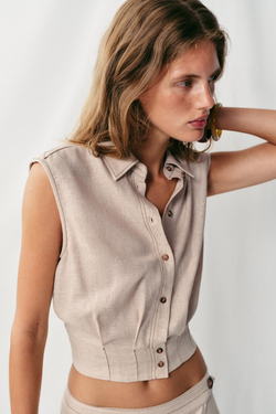 ZARA ТОП ИЗ ЛЬНА С КОНТРАСТНОЙ СТРОЧКОЙ, СВЕТЛО-БЕЖЕВЫЙ