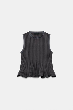 ZARA ТОП ИЗ ТРИКОТАЖА В РУБЧИК С ВОЛНИСТЫМ НИЗОМ, АНТРАЦИТОВО-СЕРЫЙ