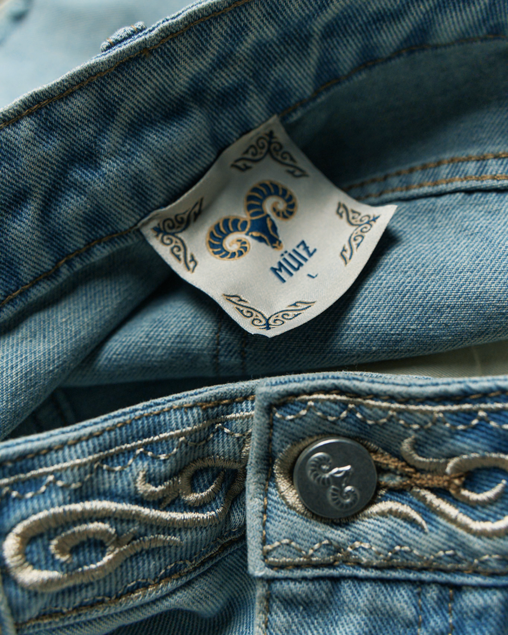 Vintage Grey Blue Jeans with Embroidery and Artistic Distressing