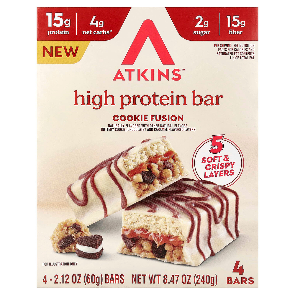 Atkins, высокопротеиновый батончик, печенье, 4 батончика по 60 г (2,12 унции)