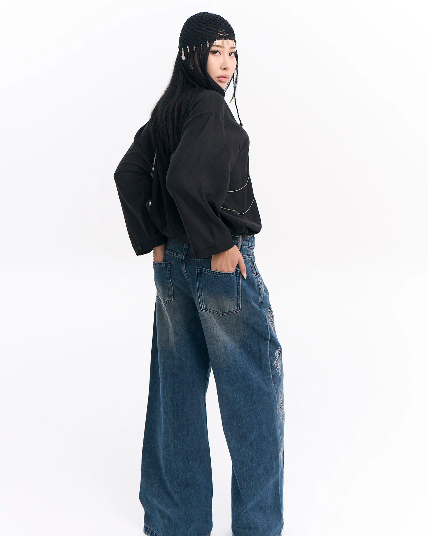 Dark Indigo Blue Jeans with Vertical Embroidery