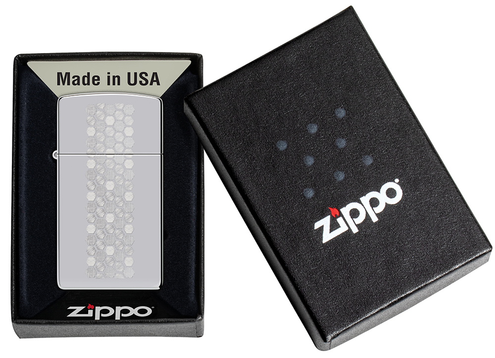 Зажигалка ZIPPO Slim Honeycomb Design с покрытием High Polish Chrome, латунь/сталь, серебристая, 29x