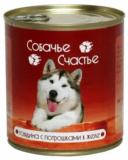 СОБАЧЬЕ СЧАСТЬЕ Консервы для собак Говядина с потрошками в желе, 750 г