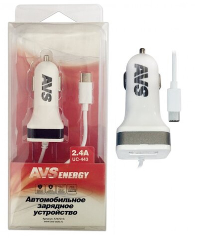 Автомобильное зарядное устройство Usb avs 1 порт+ type c uc-443 (2,4а) AVS A78701S