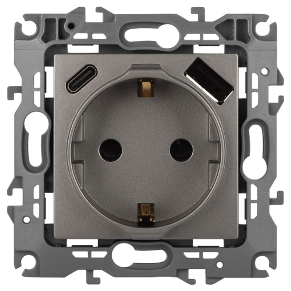 Розетка ЭРА Серия 12 12-4108-16 2P+E 16A-250В со шторками с USB type-A+C 5В-3А титан | Эра 12