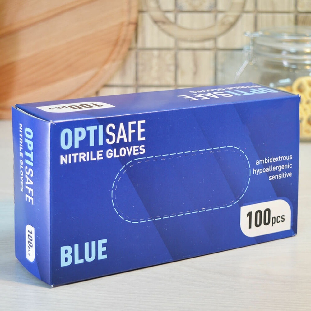 Перчатки нитриловые M неопудренные (100шт), голубые, Optisafe