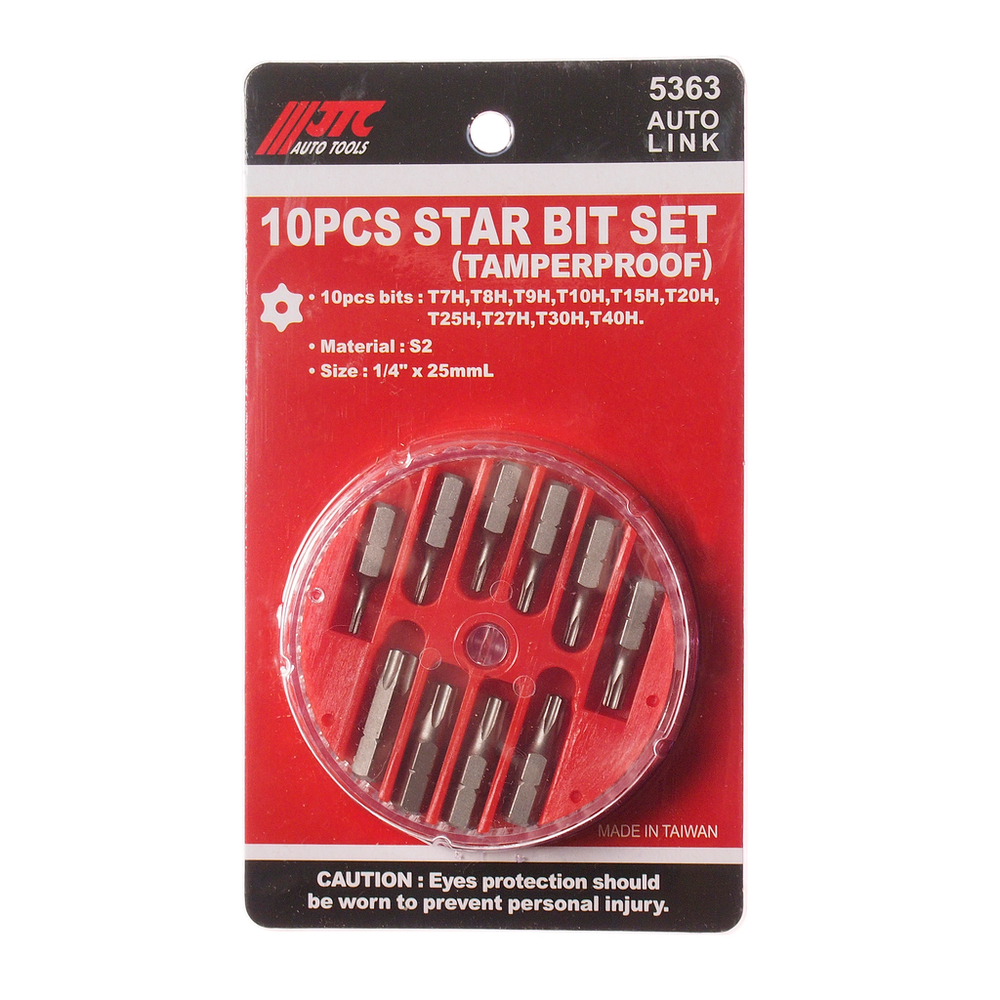 Набор бит 1/4" TORX T7H-T40H с отверстием 10 предметов в кейсе JTC