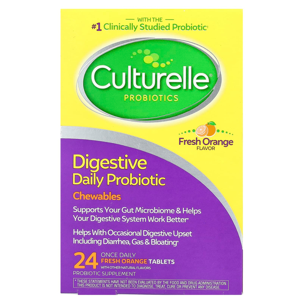 Culturelle, Ежедневные жевательные пробиотики для пищеварения, со вкусом апельсина, 24 таблетки для приема один раз в день (53 мг в каждой таблетке)